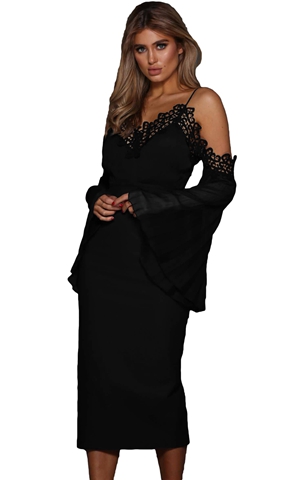 BY610470-2 Chiffon Bell Sleeve Boho Lacy Midi Dress